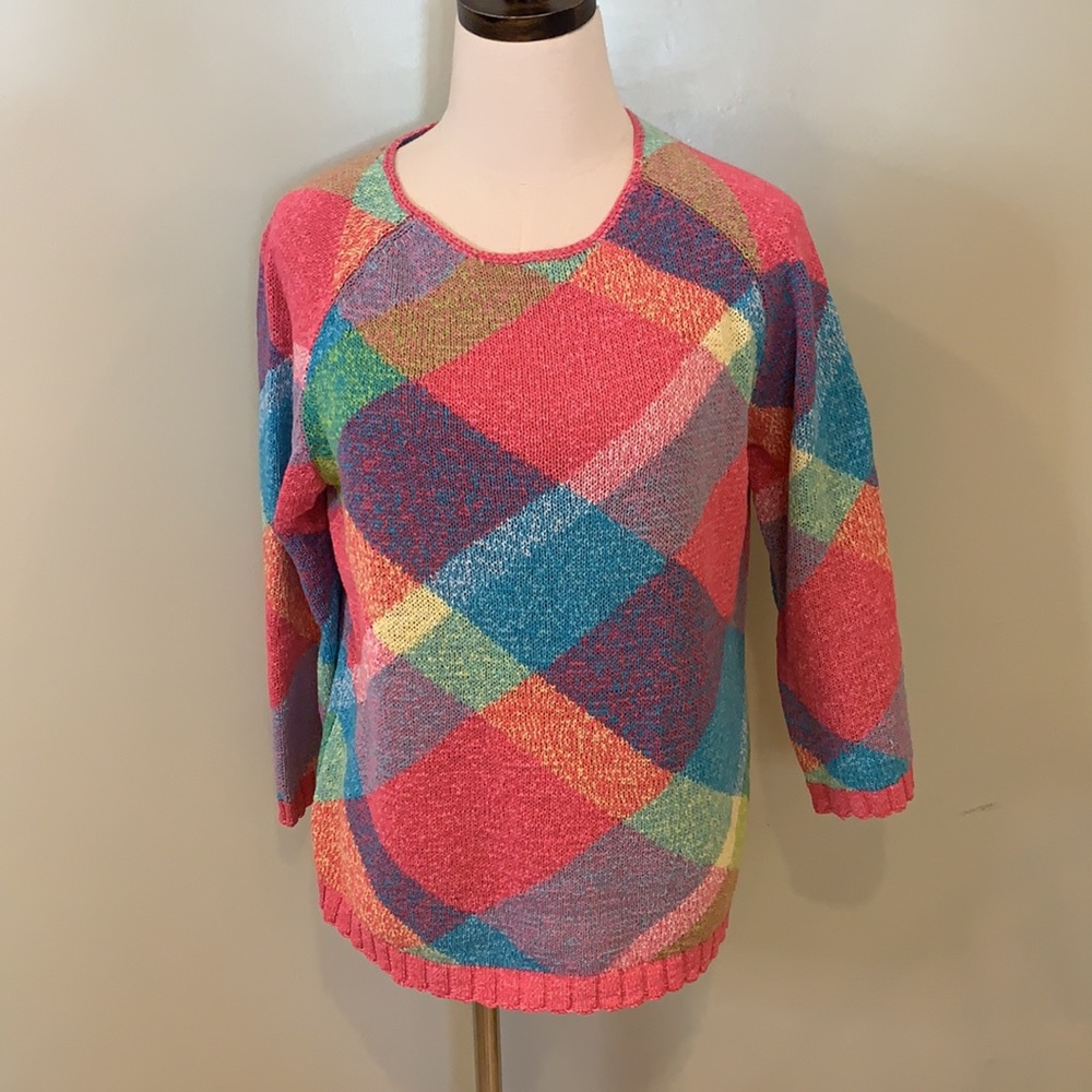 Northern Isle Cotton Blend Bright Plaid Round Neck Sweater